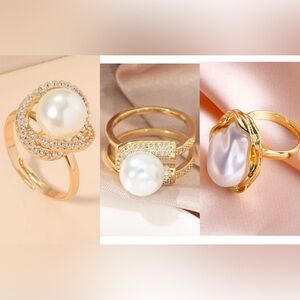 Elegant adjustable Gold and Pearl Ring Set
